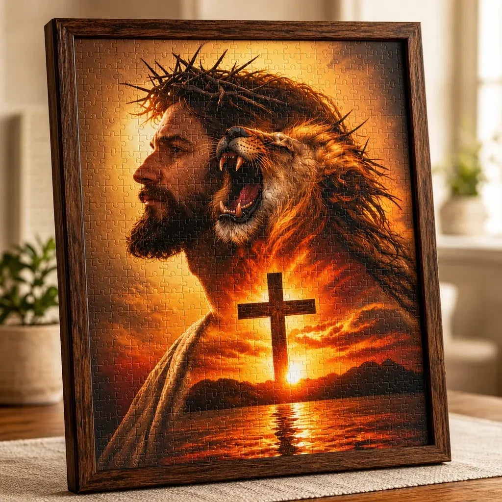 Completed He Reigns Christian jigsaw puzzle displayed inside a dark wood-look frame on a table