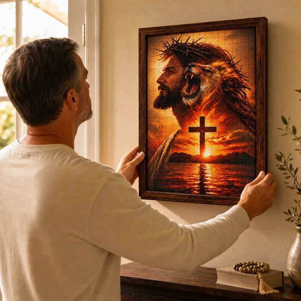 Man placing the finished He Reigns puzzle artwork in a dark frame against a warm-colored home wall