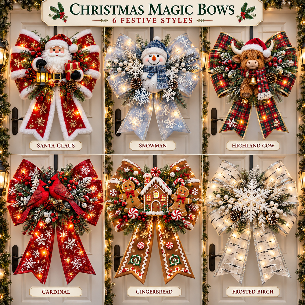 All six Christmas Magic Bow designs shown individually: Santa, Snowman, Highland Cow, Cardinal, Gingerbread and Frosted Birch