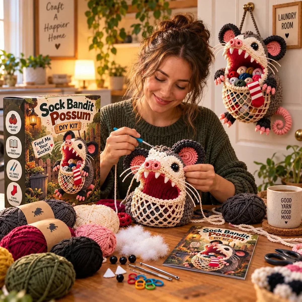 🧶🧦 DIY Crochet Sock-Eating Animal Kit – Funny Hanging Sock Holder & Handmade Gift