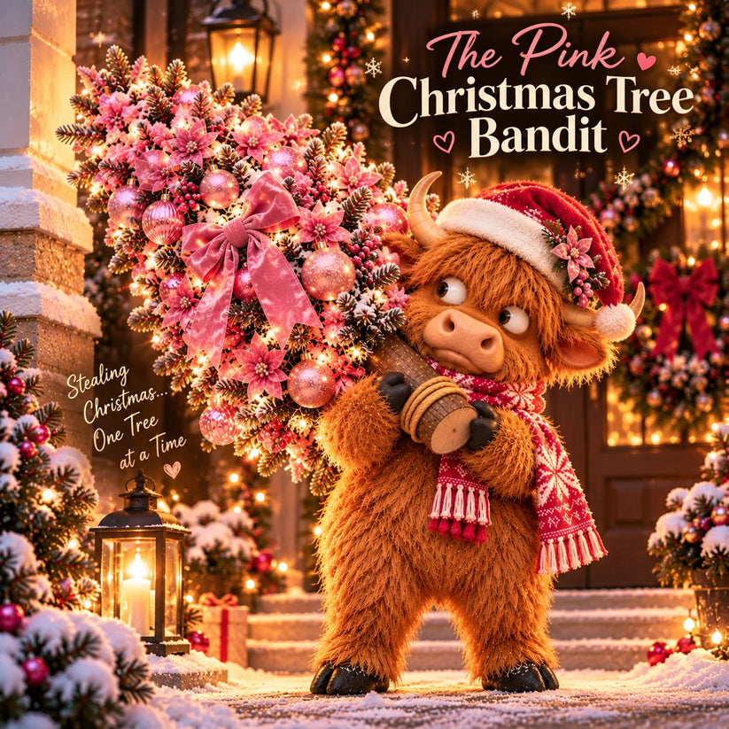 Pinkmas Tree Bandit Highland cow carrying a sparkling pink Christmas tree