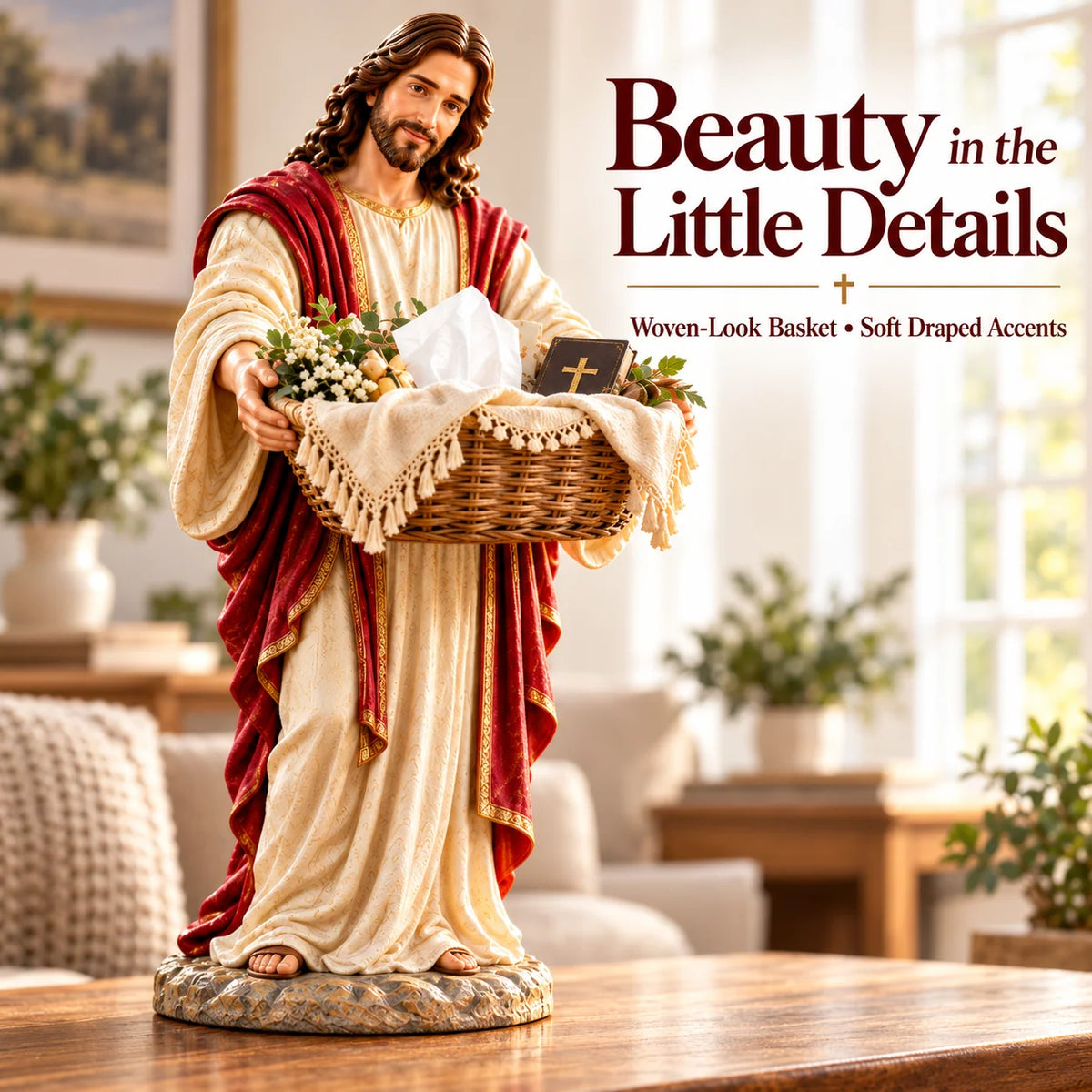 ✝️ Limited-Time Sale | Jesus Offers Comfort™ – Jesus Figurine with Decorative Storage Basket | Meaningful Christian Home Decor & Faith-Inspired Gift 🎁