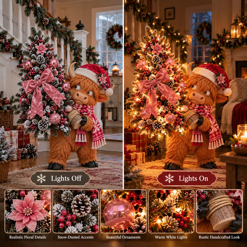 Pink Highland cow Christmas tree decoration shown with lights on and off and close-up details