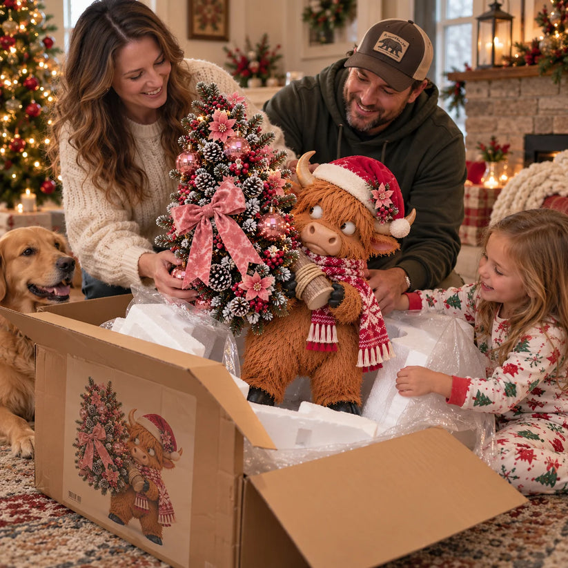 Family enjoying a Highland cow pink Christmas tree decoration together