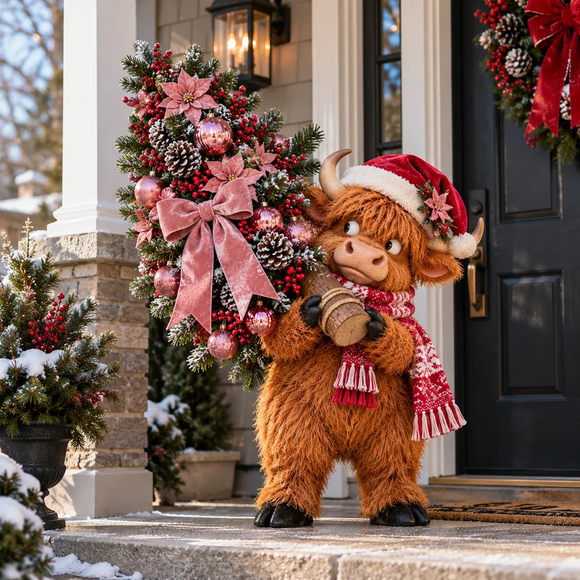 Highland cow carrying a pink Christmas tree on a snowy front porch in daylight