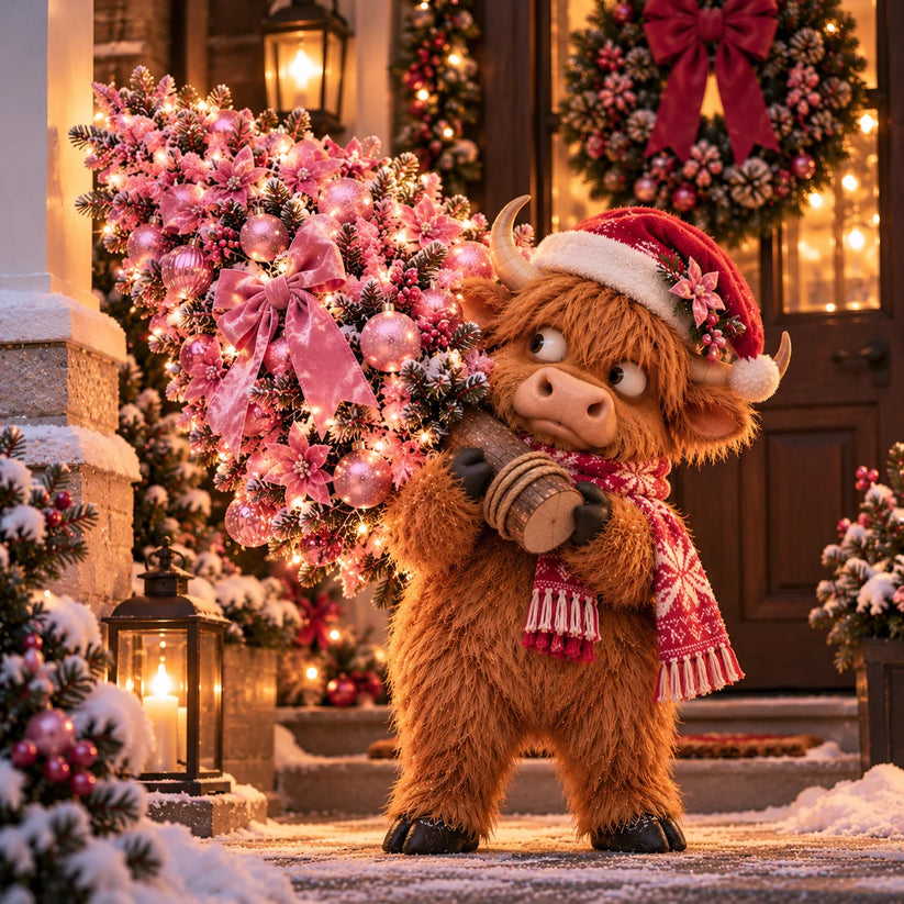 Cute Highland cow Christmas decoration with pink ornaments ribbons and snowy pinecones