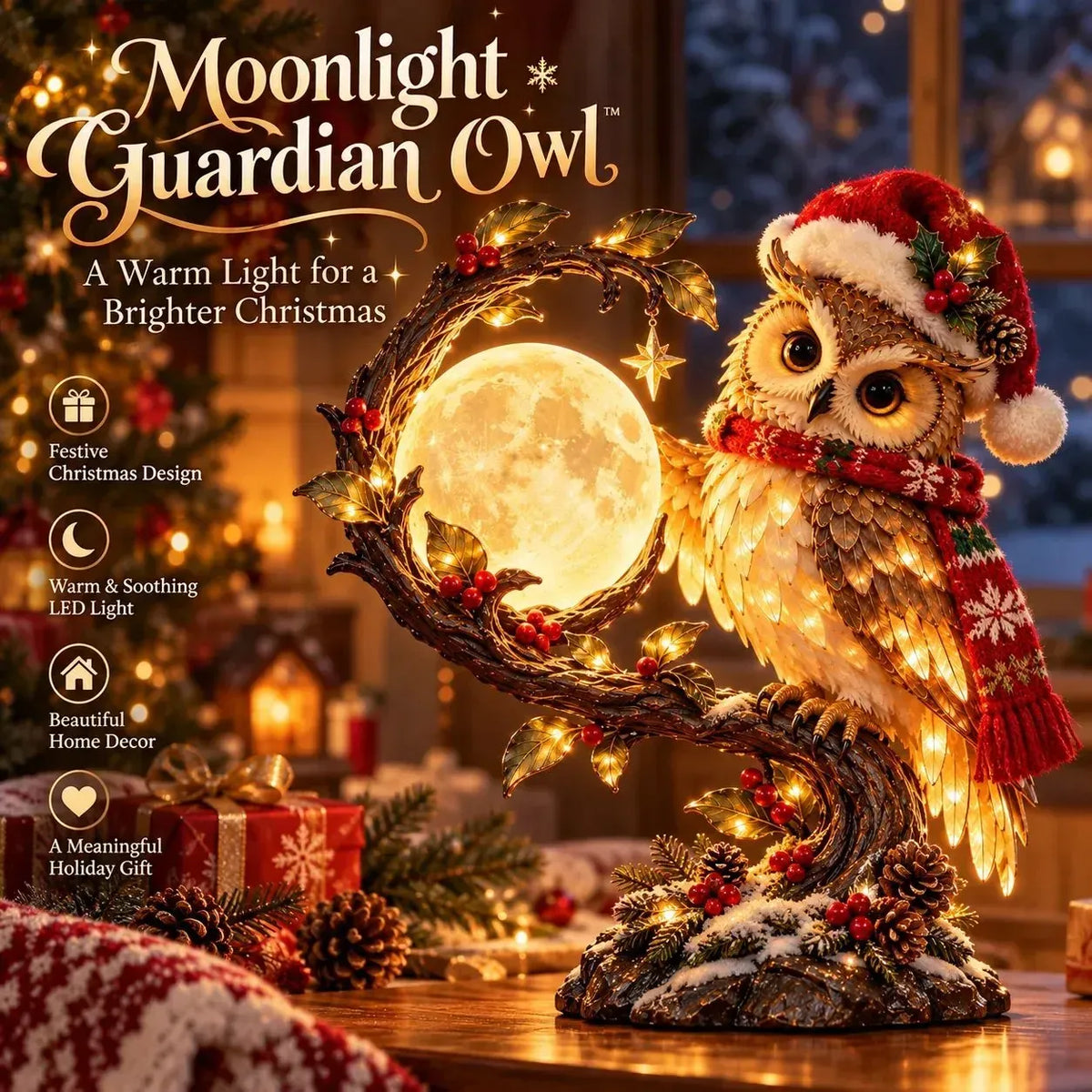 🦉🌙 Moonkeeper Owl™ – Glowing Moon Christmas Owl with Warm LED Light 🎄✨