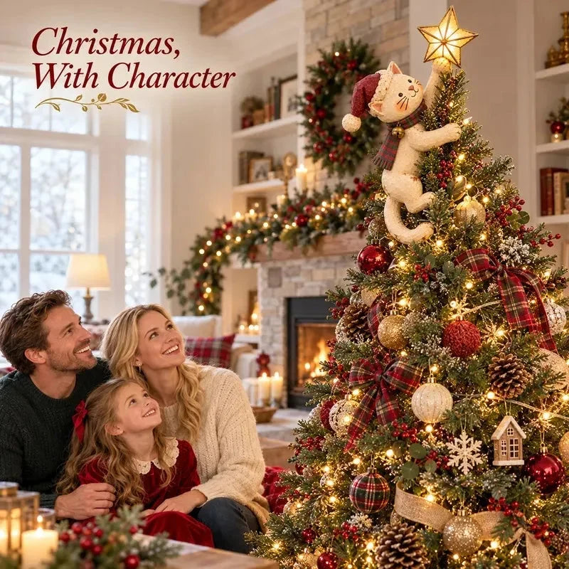 Family admiring glowing cat Christmas tree topper in a cozy holiday living room