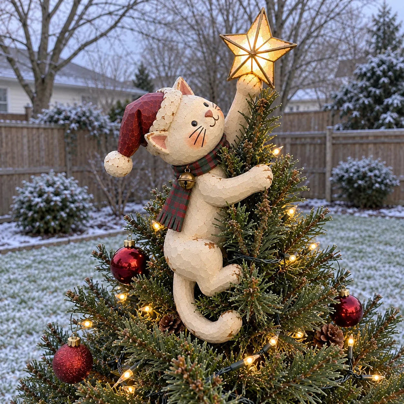 Cat Christmas tree topper with glowing star shown in a snowy winter setting