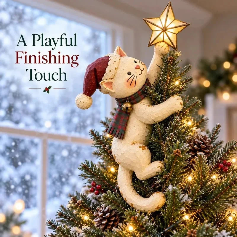 Playful cat climbing Christmas tree and holding a glowing star