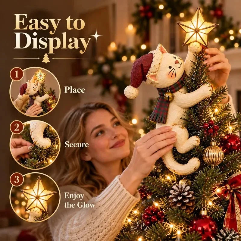 Woman placing Christmas cat tree topper on a decorated Christmas tree
