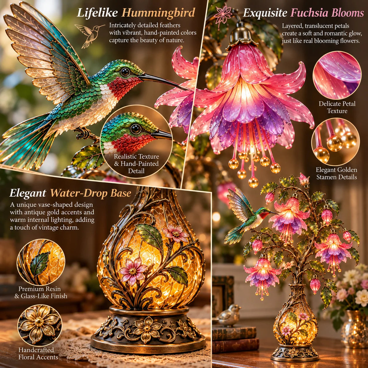 ⏰Limited Stock 50% OFF - 🌸 Hummingbird & Fuchsia Flower Lamp | Lighted Floral Table Decor ✨