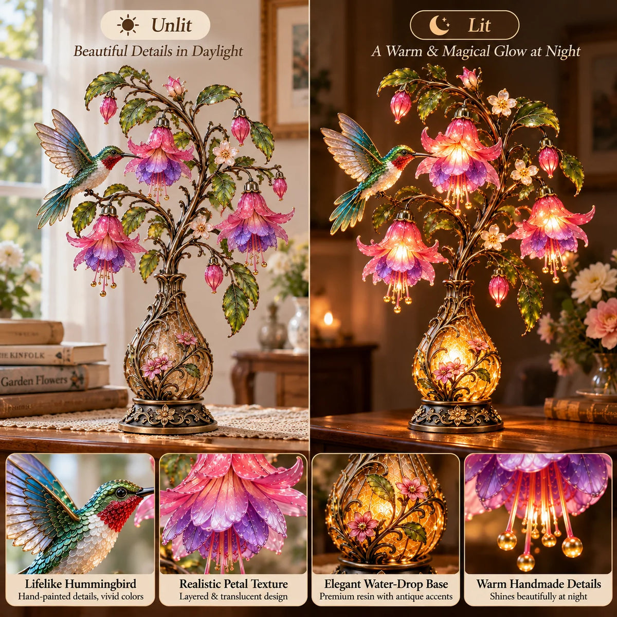 ⏰Limited Stock 50% OFF - 🌸 Hummingbird & Fuchsia Flower Lamp | Lighted Floral Table Decor ✨
