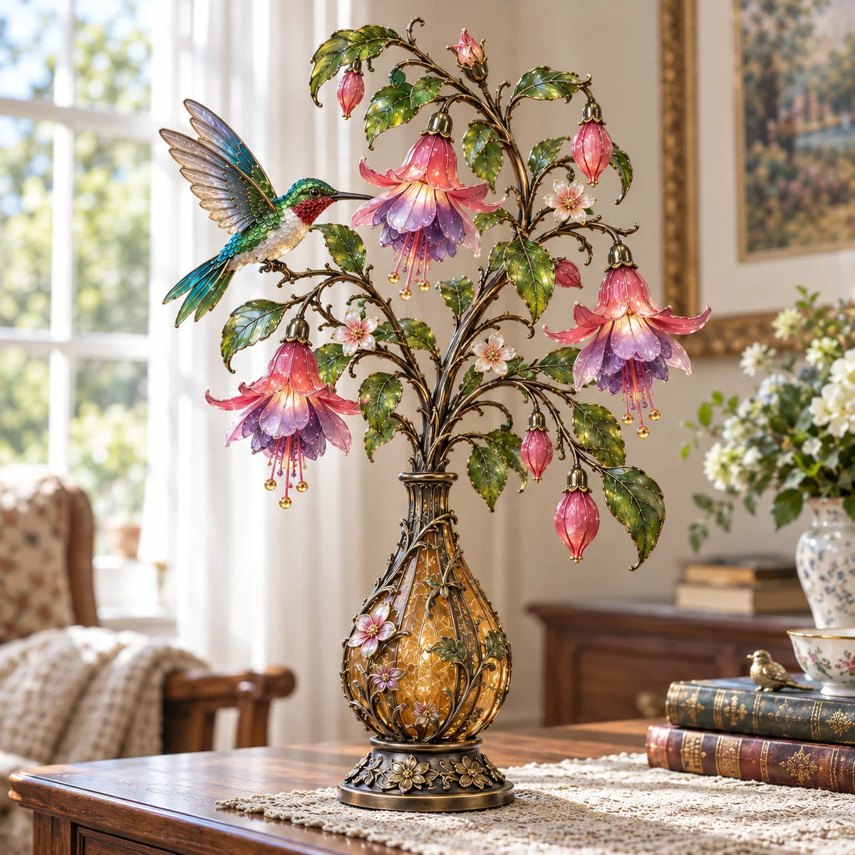⏰Limited Stock 50% OFF - 🌸 Hummingbird & Fuchsia Flower Lamp | Lighted Floral Table Decor ✨