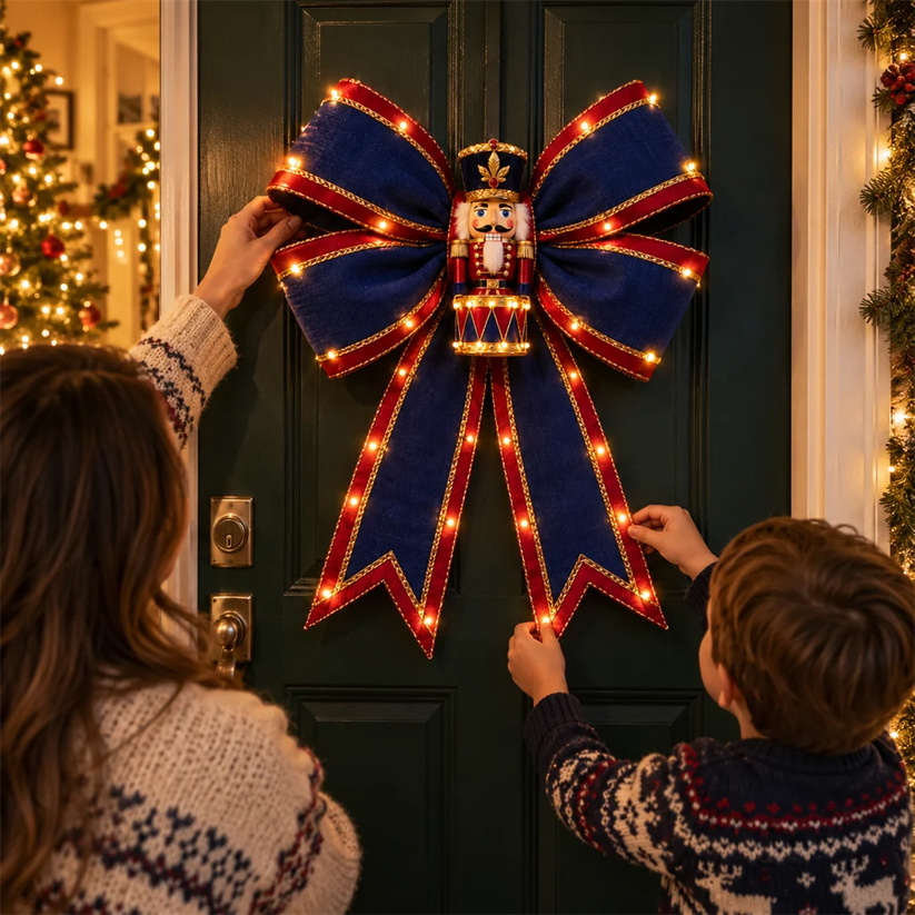 Mother and child decorating a front door with a glowing Nutcracker Christmas bow