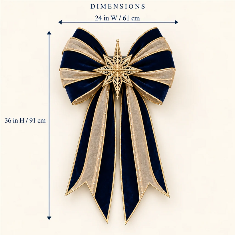 Midnight Star Christmas bow size illustration showing 24 inches wide and 36 inches high
