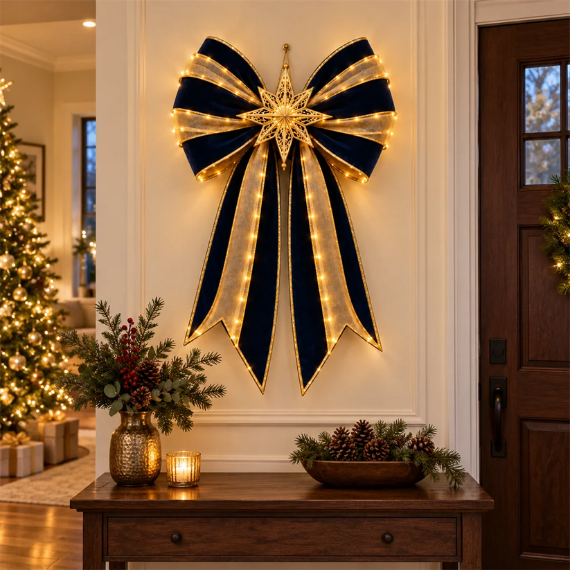Midnight Star elegant navy blue and gold Christmas bow