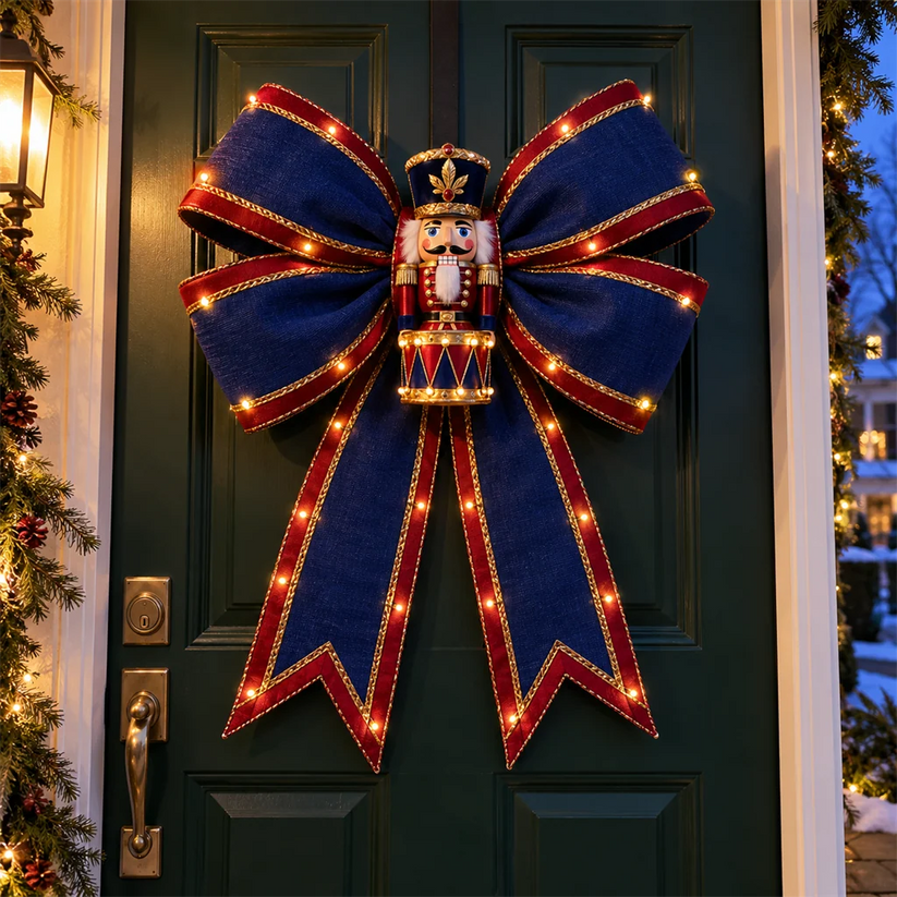 Light-up Nutcracker Christmas door bow in navy blue red and gold