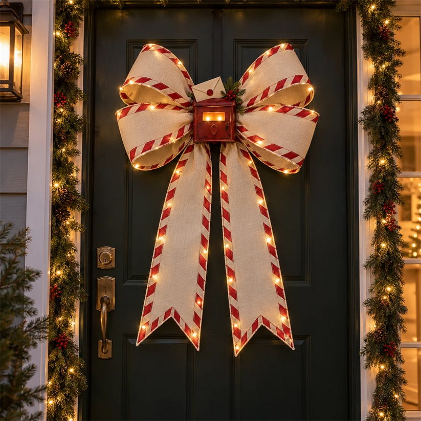 North Pole Post ivory white and red Christmas mail bow