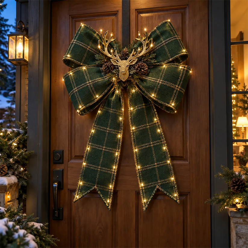 Woodland Stag green plaid Christmas bow with golden deer