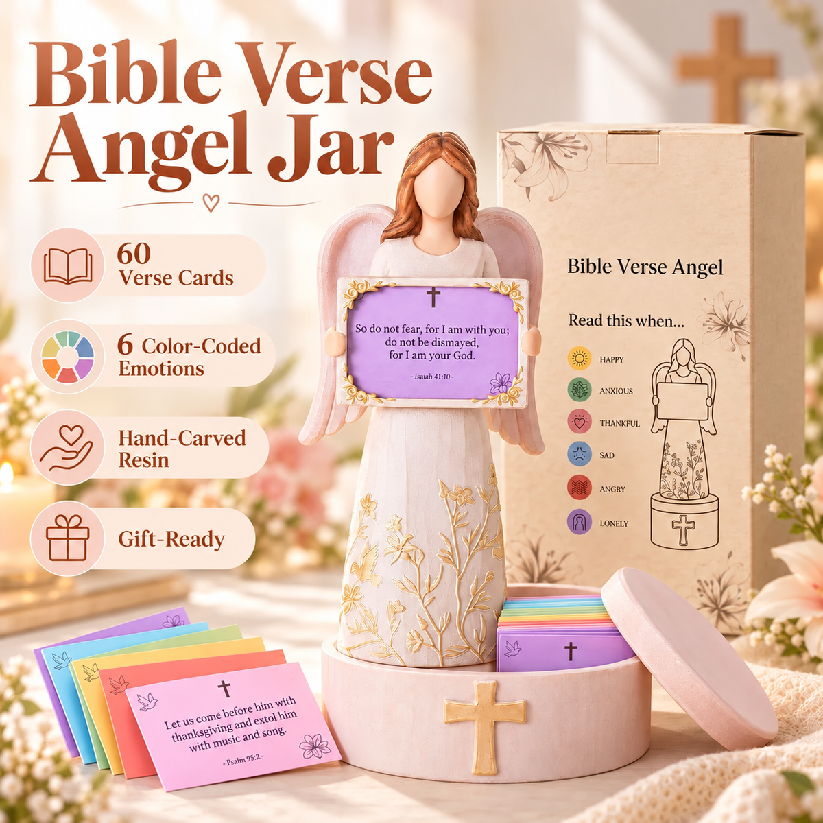 🙏✨ Handcrafted Resin Angel Figurine with Color-Coded Bible Verse Cards & Storage Box 🕊️🎁 (📦 Buy 2, Get Free Shipping)