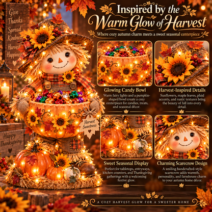 🍂 Lighted Scarecrow Candy Bowl | Harvest Table Decor