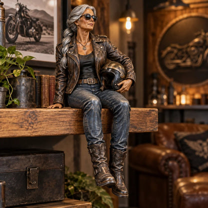 🔥 LAST DAY 50% OFF 🔥🏍️ Old Biker Soul™ – “Women Ride Too” Shelf-Sitter Figurine with Silver Hair, Leather-Look Jacket & Motorcycle Helmet ✨