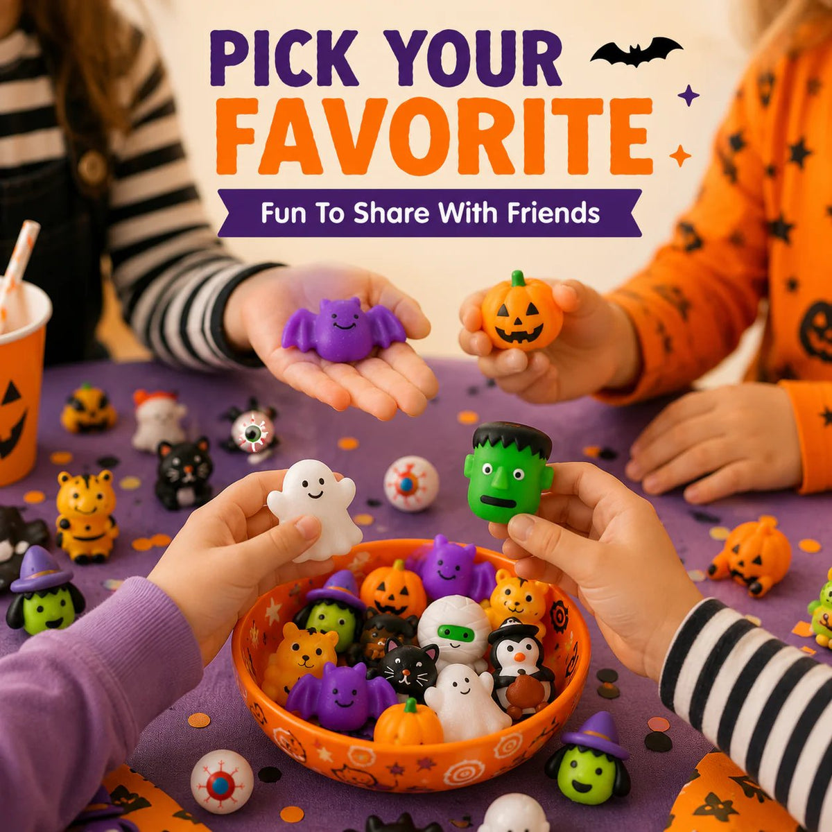 Children picking and sharing Halloween squishy characters