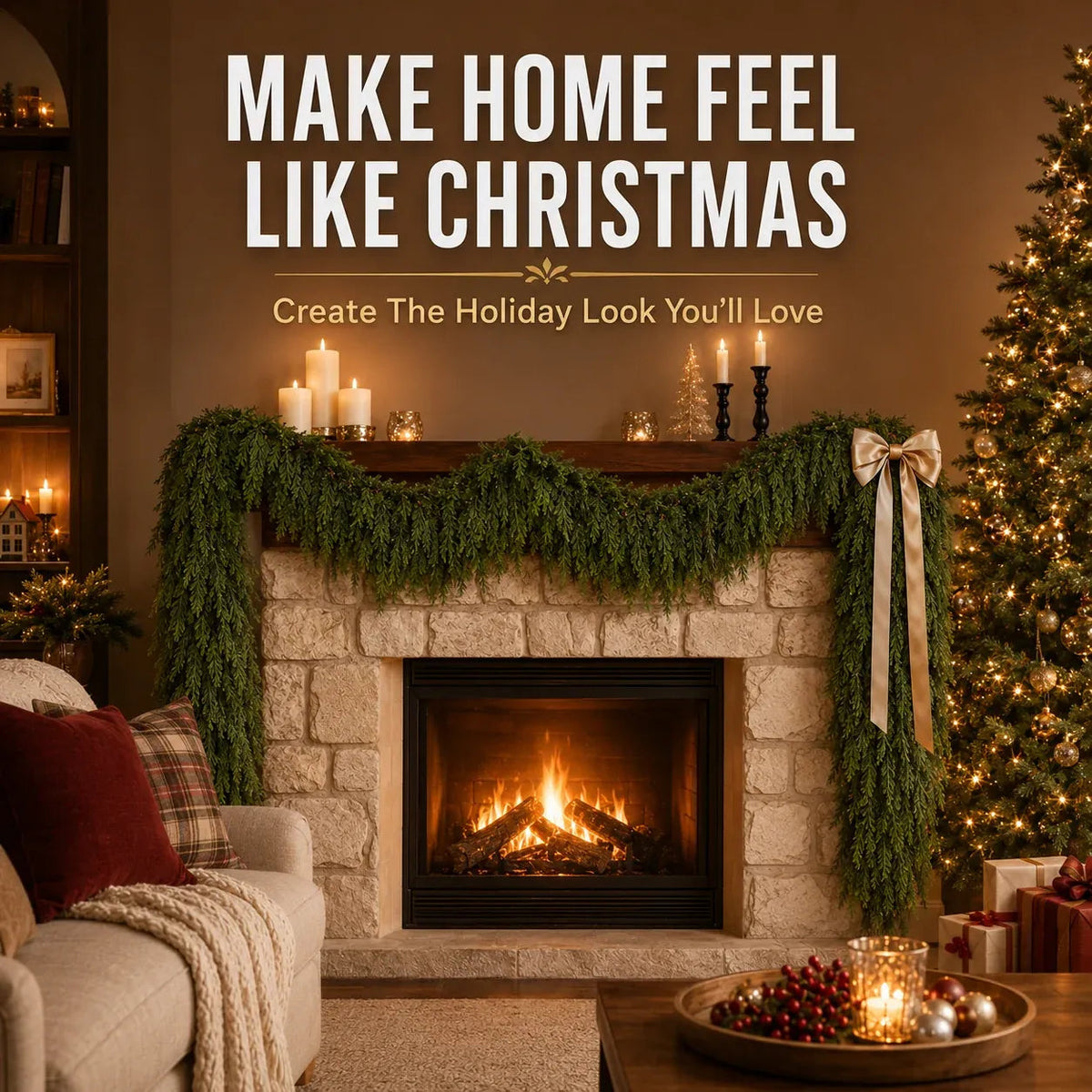 🎄 LAST DAY 50% OFF | 2-Pack Real-Touch Cedar Christmas Garland – Lush Evergreen Holiday Greenery for Mantel, Staircase & Doorway