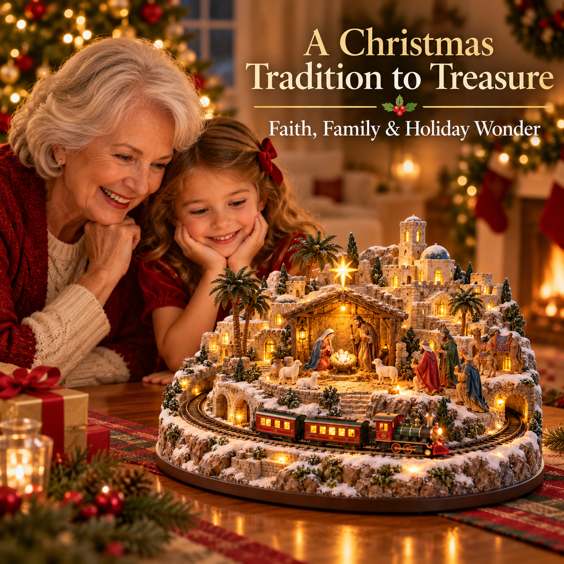 Grandmother and granddaughter enjoying a Bethlehem Christmas village