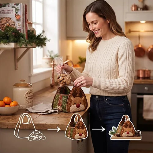 Woman filling reindeer quilted Christmas gift bag with treats