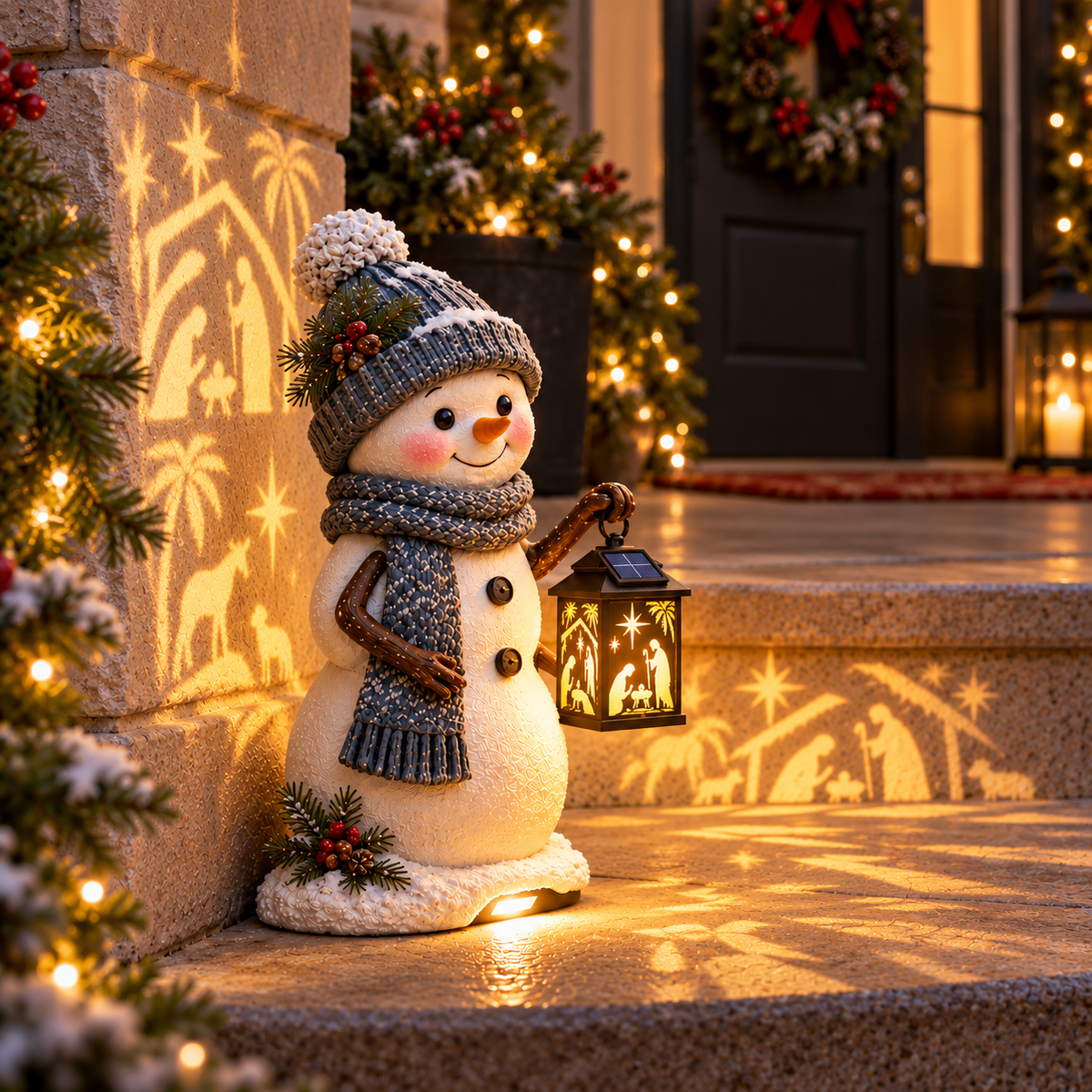 ⛄✨ Snowman Nativity Glow™ – Solar Christmas Step Light with Holy Family Projection ⛄🎄