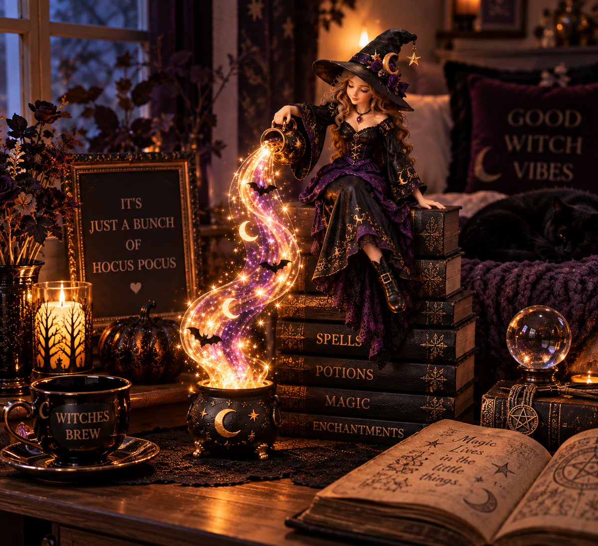 Halloween Witch Cascade glowing after dark