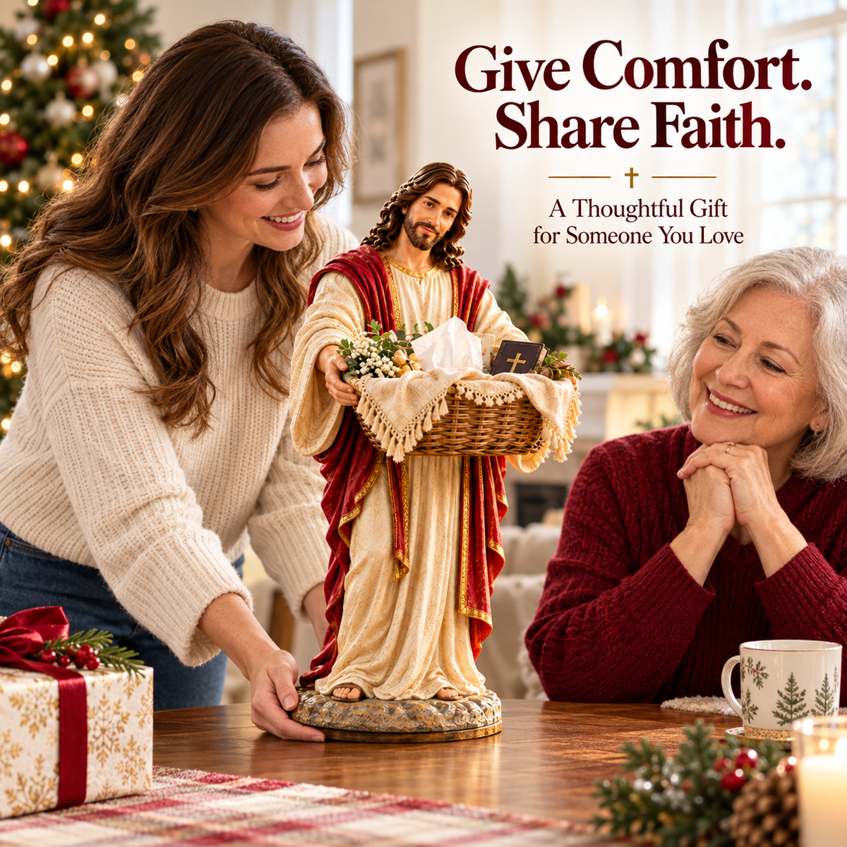 Decorative Jesus basket organizing remote controls and small essentials