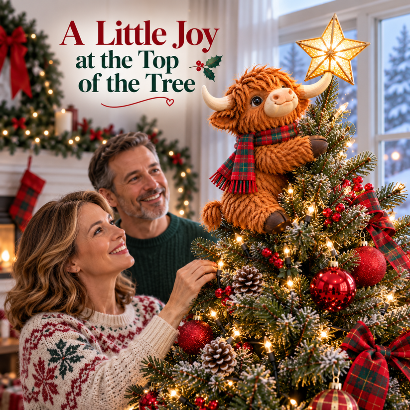 Family admiring Highland cow Christmas decoration