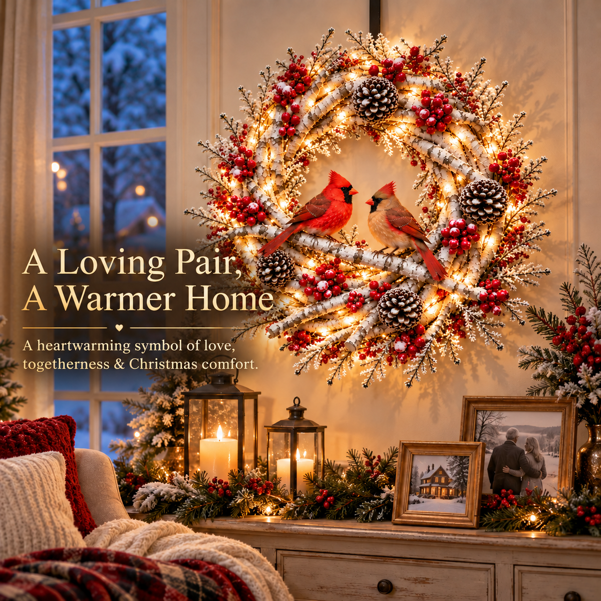 Lighted cardinal wreath displayed above a console in a cozy Christmas room