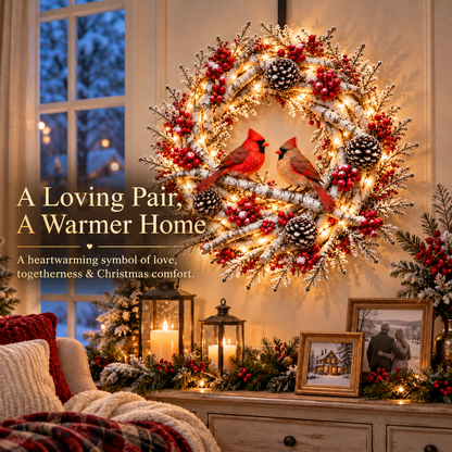 🔥 LAST DAY 50% OFF 🔥❤️🐦 Official Cardinals Together™ – Premium Lighted Snowy Birch Christmas Wreath with Male & Female Cardinals, Berries & Pinecones 🎄✨