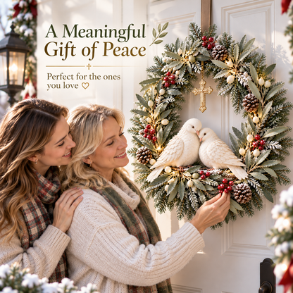 ✝️🕊️ Peace Be With You™ – Lighted Christmas Wreath with Two White Doves, Frosted Olive Branches & Hanging Cross