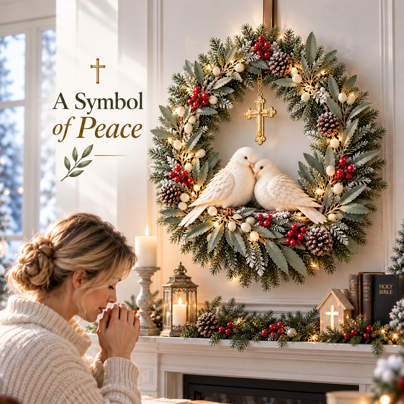 Christian Christmas wreath with two white doves olive branches and a cross symbolizing peace