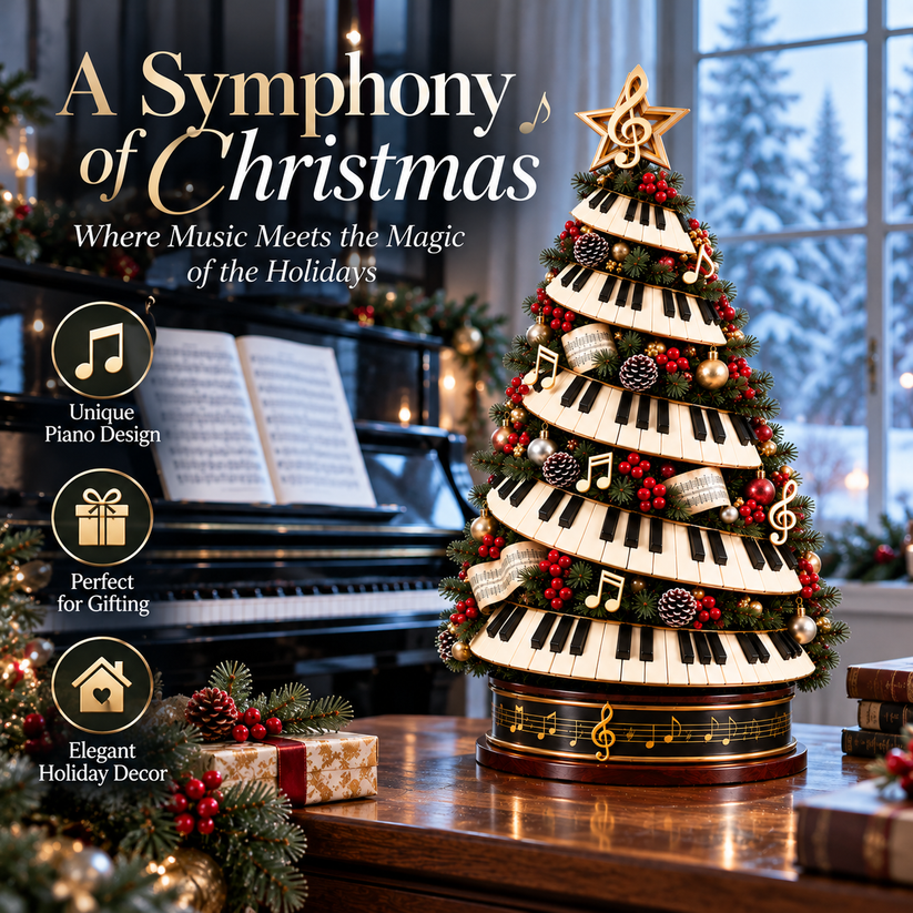 Festive piano Christmas tree displayed in a winter music room