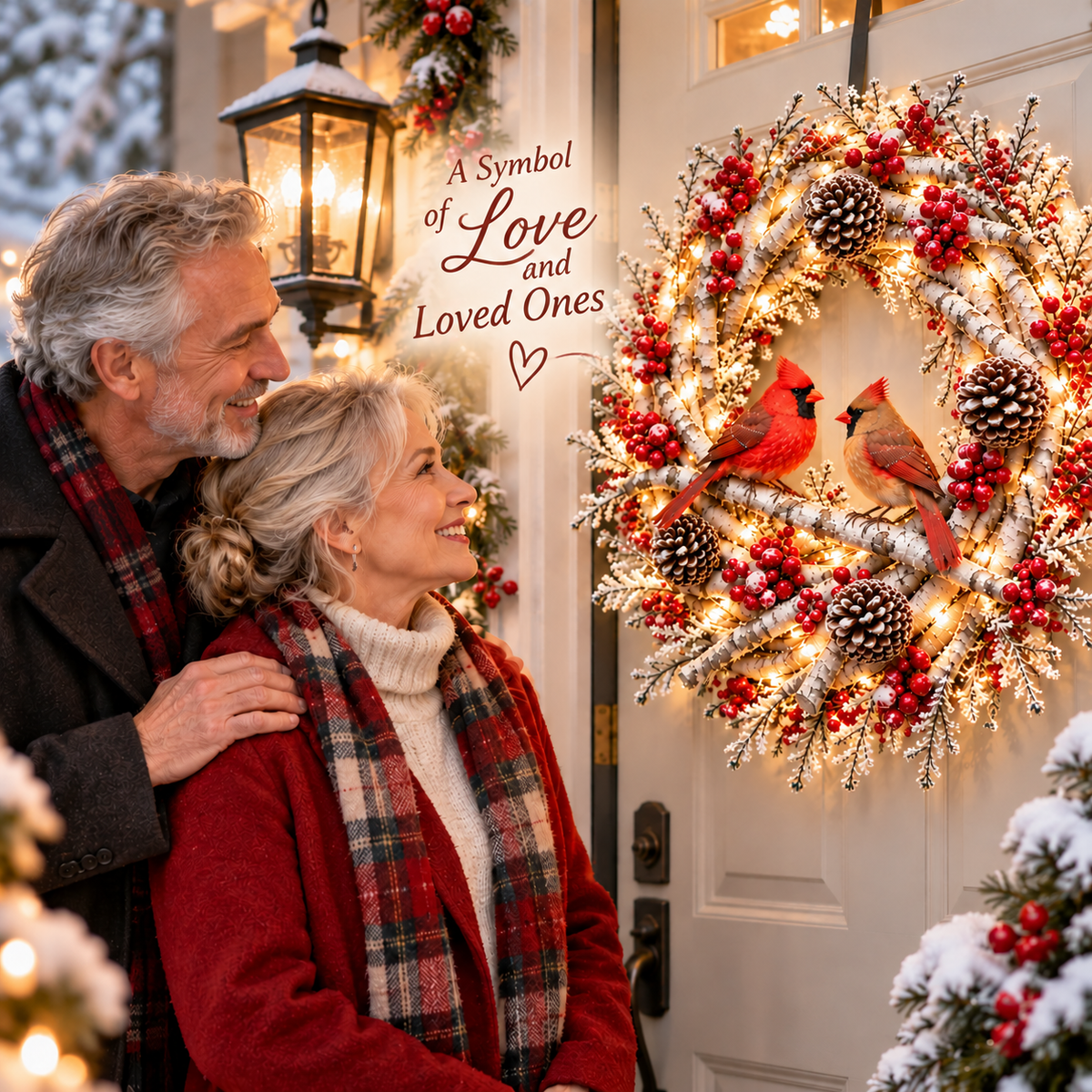 🔥 LAST DAY 50% OFF 🔥❤️🐦 Official Cardinals Together™ – Premium Lighted Snowy Birch Christmas Wreath with Male & Female Cardinals, Berries & Pinecones 🎄✨