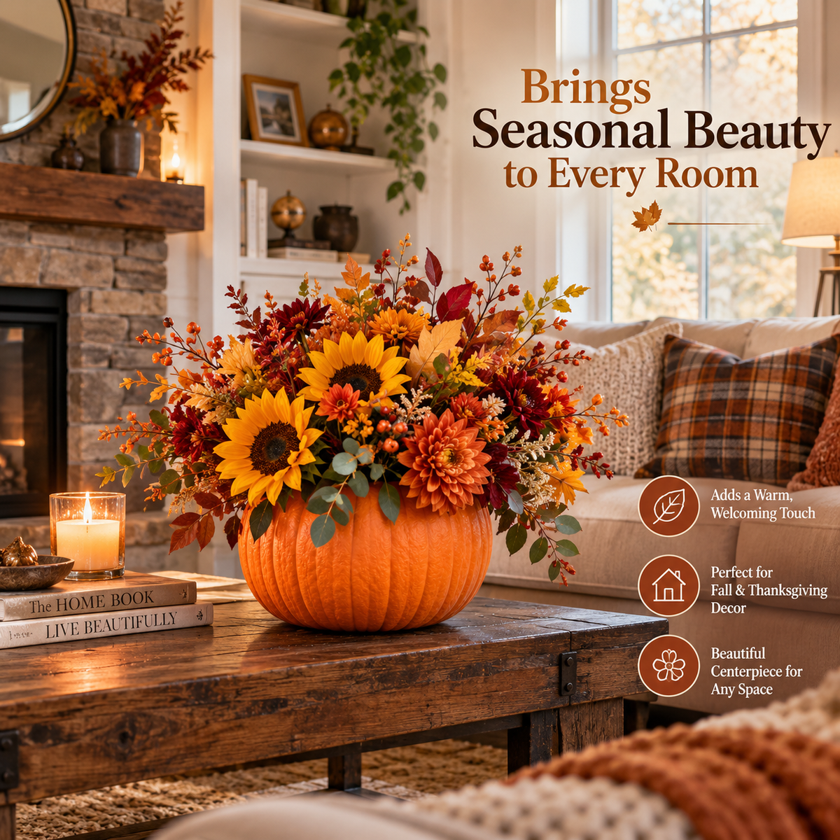 Autumn pumpkin flower centerpiece displayed indoors