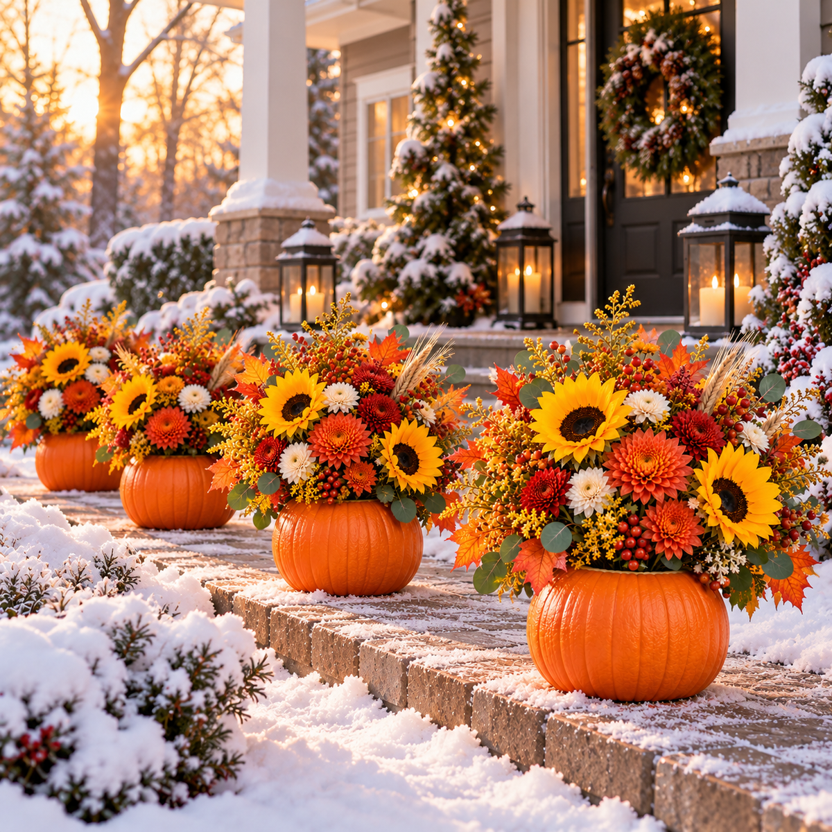 Pumpkin floral arrangement displayed on snowy porch