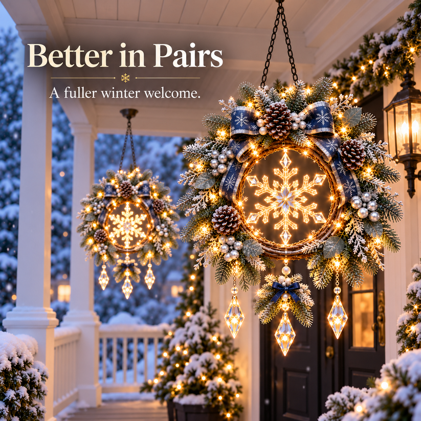 Two matching Frosted Snowflake Glow hanging decorations