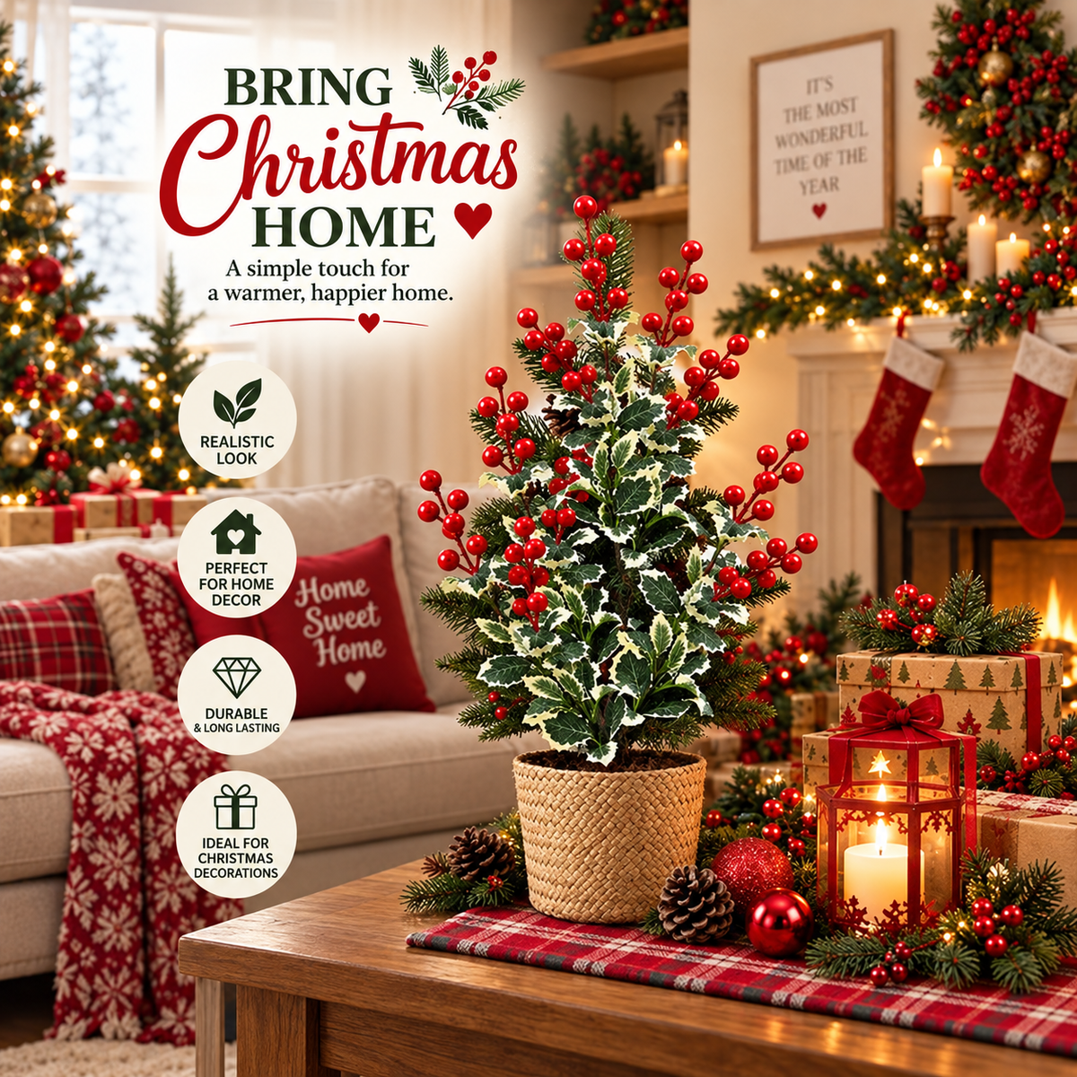 🎄 Christmas Holly Berry Stems – Realistic Red Berries & Variegated Greenery | Artificial Christmas Floral Picks for Vase Arrangements, Table Centerpieces & Festive Home Decor