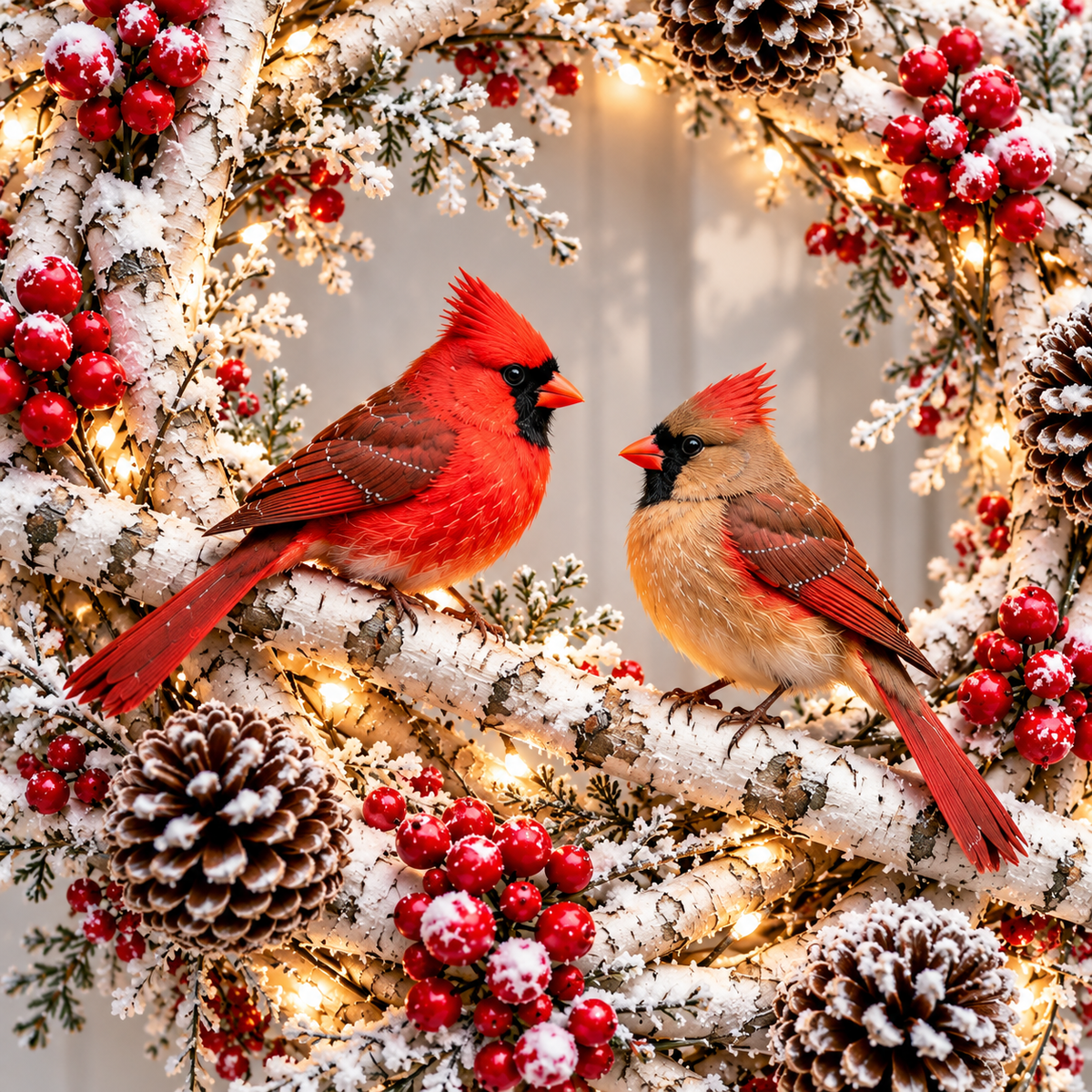 🔥 LAST DAY 50% OFF 🔥❤️🐦 Official Cardinals Together™ – Premium Lighted Snowy Birch Christmas Wreath with Male & Female Cardinals, Berries & Pinecones 🎄✨