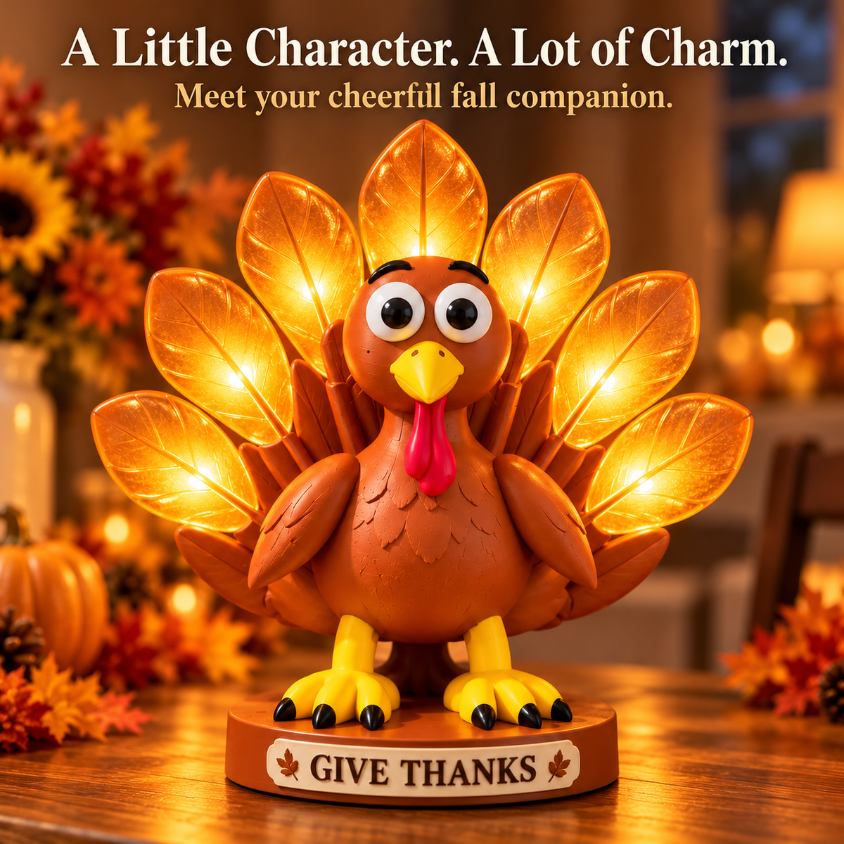 🦃 Give Thanks Turkey Lamp – Glowing Feather Table Light for Cozy Fall & Thanksgiving Decor