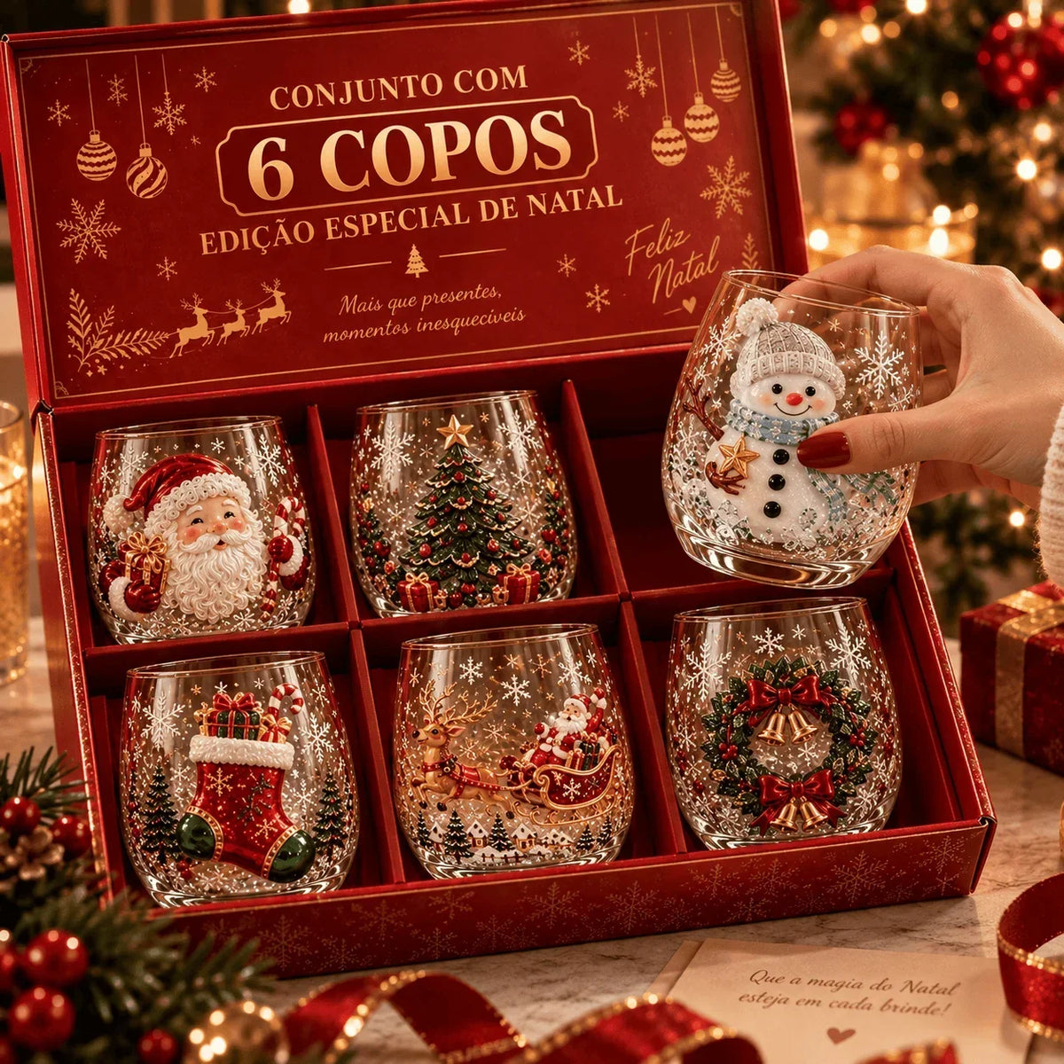 Set of six Christmas drinking glasses featuring Santa, a snowman, a tree, a stocking, a sleigh and a wreath