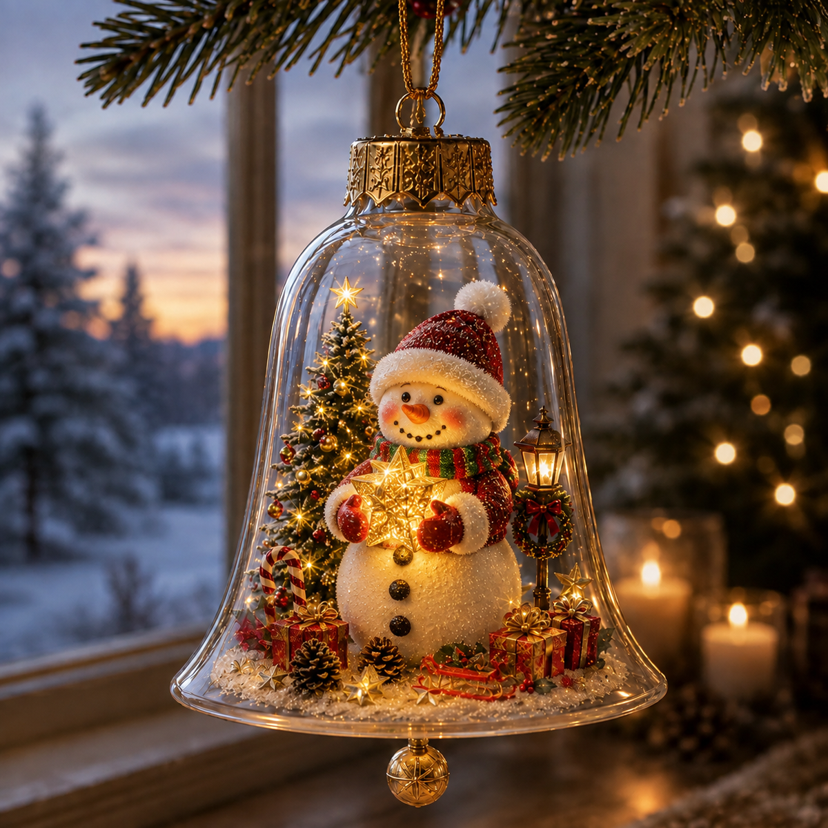 Miniature glowing Christmas ornament in a cozy holiday setting