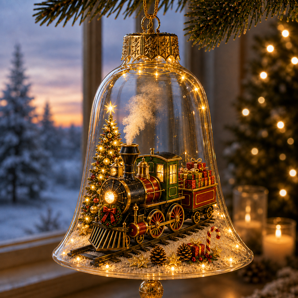 Christmas ornament lighting comparison showing day and night atmosphere